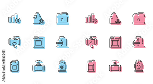Set line Canister for gasoline, Pie chart infographic dollar, Petrol Gas station, Oil industrial factory building, Broken with leaking water and Antifreeze canister icon. Vector