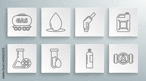 Set line Antifreeze test tube, Oil drop, petrol, Industrial gas cylinder tank, Industry metallic pipes and valve, Gasoline pump nozzle, Canister for gasoline and railway cistern icon. Vector