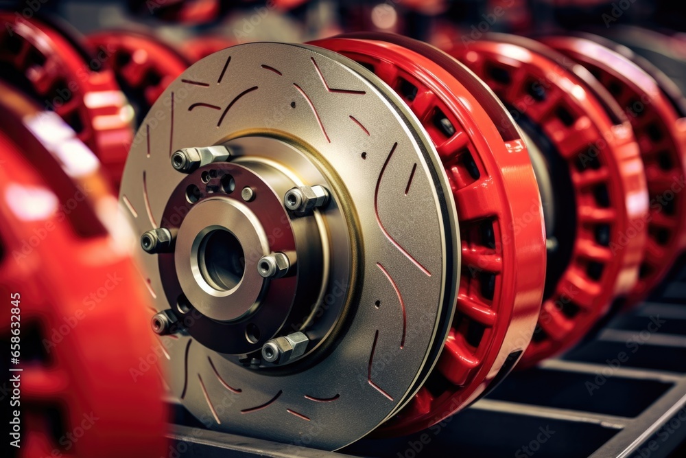 A detailed close up of a brake on a vehicle. This image can be used to showcase the mechanical components of a car or as an illustration for an automotive repair or maintenance article.
