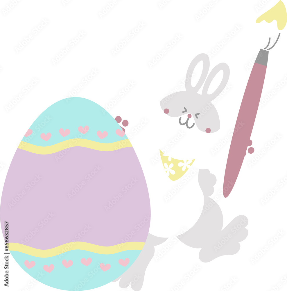 happy easter with bunny rabbit holding paintbrush and egg, flat png transparent element character design