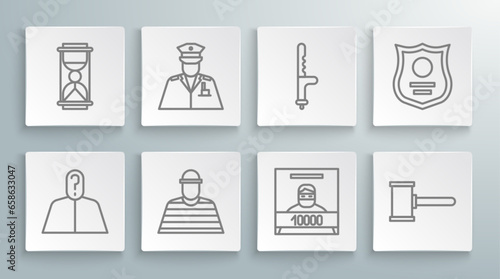 Set line Anonymous with question mark  Police officer  Prisoner  Wanted poster  Judge gavel  rubber baton  badge and Old hourglass sand icon. Vector