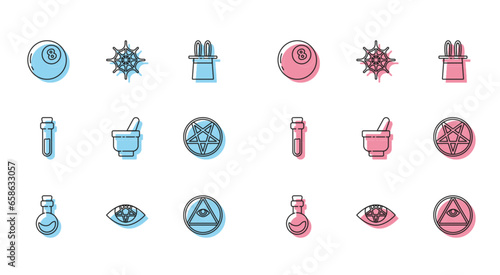 Set line Bottle with love potion, Pentagram, Magic ball of predictions, Masons, mortar and pestle, in circle, and Spider web icon. Vector