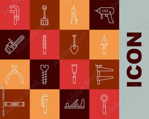 Set line Wrench spanner, Clamp tool, Trowel, Drawing compass, Chisel for wood, Chainsaw, and Shovel icon. Vector