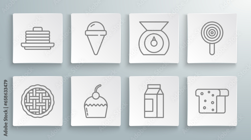 Set line Homemade pie, Ice cream in waffle cone, Cake, Paper package for milk, Bread toast, Scales, Lollipop and Stack of pancakes icon. Vector