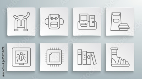 Set line Insects in a frame, School backpack, Processor with CPU, Book, Slippers socks, Monitor keyboard, Burger and Viking horned helmet icon. Vector