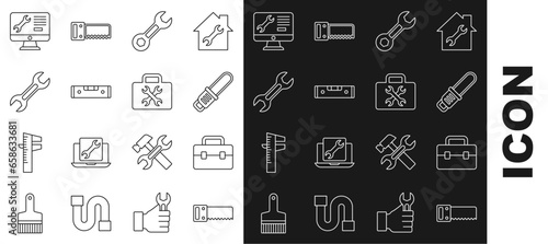 Set line Hand saw, Toolbox, Chainsaw, Wrench spanner, Construction bubble level, Computer monitor service and icon. Vector