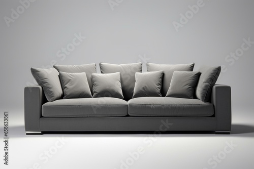 Isolated gray sofa with upholstery, throw pillows, armrests. Contemporary living room furniture. Generative AI
