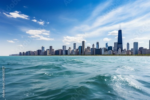 Cityscape of Chicago viewed from Lake Michigan. Generative AI