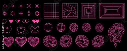Retro Y2K shapes and 3d wireframes, grids, geometric forms, pink neon crazy design elements in 2000s aesthetic style.