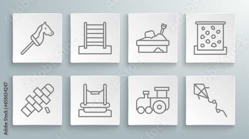 Set line Hopscotch, Swedish wall, Bungee, Toy train, Kite, Sandbox with sand, Climbing and horse icon. Vector