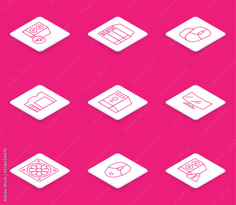 Set line Case of computer, Server, Data, Web Hosting, Computer mouse, SD card, monitor screen, cooler and icon. Vector Set line Case of computer, Server, Data, Web Hosting, Computer mouse, SD card, monitor screen, cooler and icon. Vector