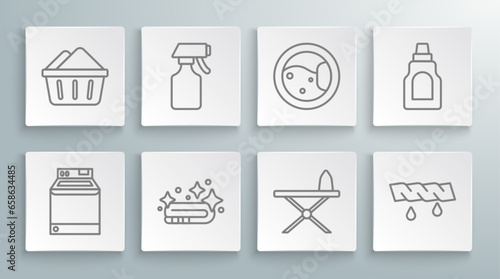 Set line Washer, Water spray bottle, Towel stack, Iron and ironing board, Squeeze clothes, Bottle for cleaning agent and Basin with soap suds icon. Vector