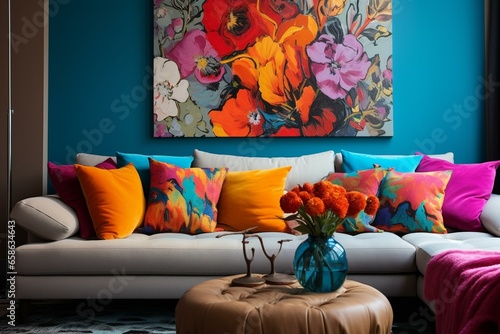 Alternative sofa, vibrant pillows, contemporary decor, floral chair, lively interior, colorful stylistic corner. Generative AI