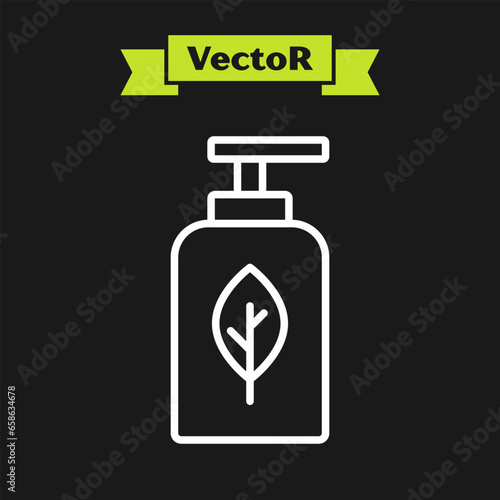 White line Essential oil bottle icon isolated on black background. Organic aromatherapy essence. Skin care serum glass drop package. Vector