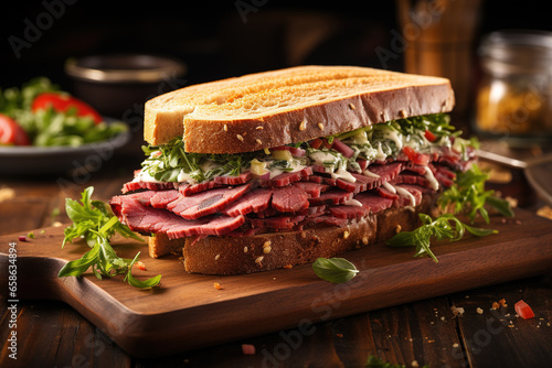Pastrami sandwich on wooden table.