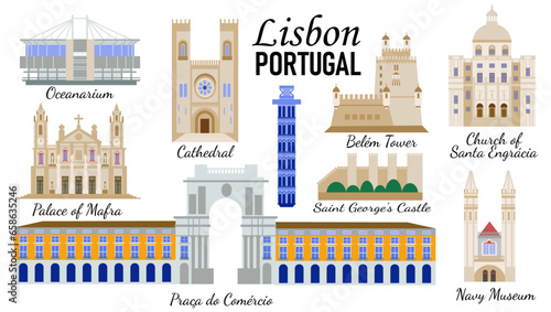 Set of symbols and architectural landmarks of Lisbon Portugal  , Belém Tower,  Cathedral, Praça do Comércio, Navy Museum, For the design of Souvenirs for tourists and travelers, icons flat style