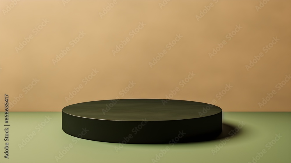 Round Stone Podium in front of a khaki Studio Background. Black Pedestal for Product Presentation Round Stone Podium in front of a khaki Studio Background. Black Pedestal for Product Presentation