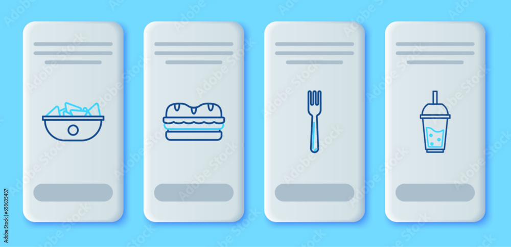 Set line Sandwich, Fork, Nachos in plate and Glass of lemonade with drinking straw icon. Vector