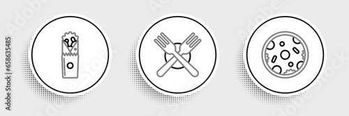 Set line Pizza, Doner kebab and Crossed fork icon. Vector