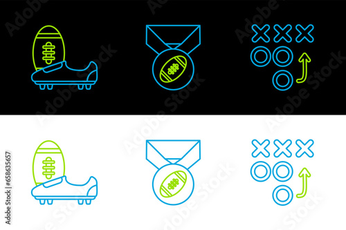 Set line Planning strategy concept, Soccer or football shoes with spikes and American Football medal icon. Vector