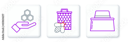 Set line Beekeeper with protect hat, Honeycomb and hand and honeycomb icon. Vector