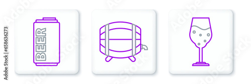 Set line Glass of beer, Beer can and Wooden barrel on rack with stopcock icon. Vector