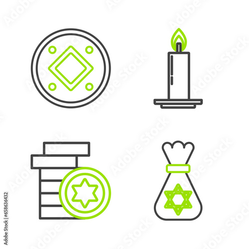 Set line Jewish money bag with star of david, coin, Burning candle candlestick and icon. Vector photo