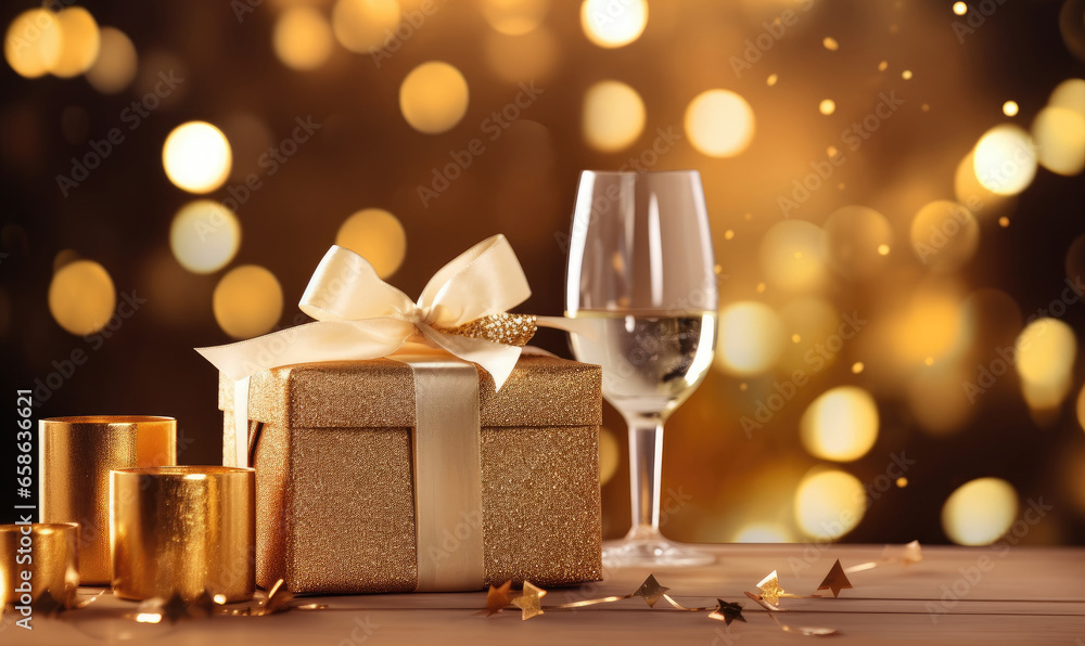 A champagne glass and a golden gift box set.