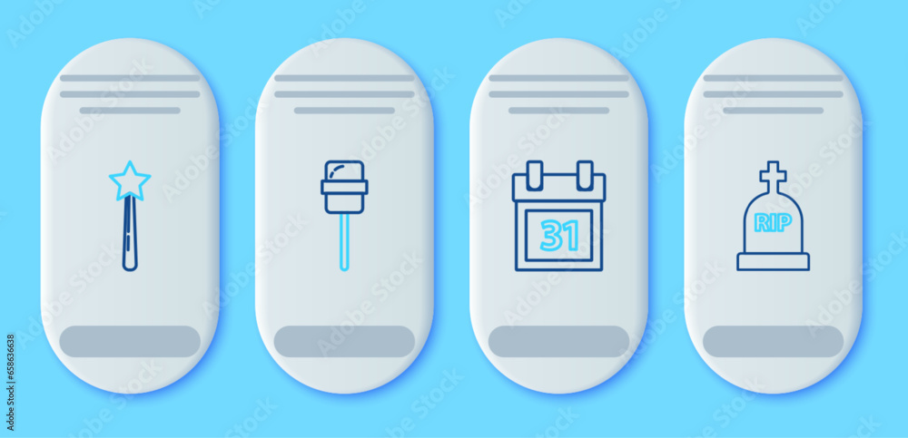 Set line Lollipop, Calendar with Halloween date 31 october, Magic wand and Tombstone RIP icon. Vector Set line Lollipop, Calendar with Halloween date 31 october, Magic wand and Tombstone RIP icon. Vector