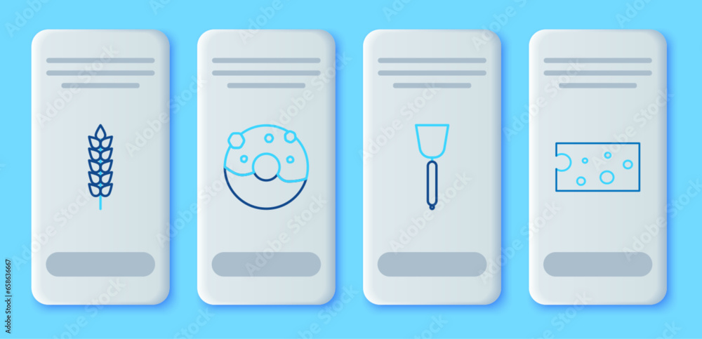 Set line Donut with sweet glaze, Spatula, Cereals rice, wheat, corn, oats, rye and Cheese icon. Vector Set line Donut with sweet glaze, Spatula, Cereals rice, wheat, corn, oats, rye and Cheese icon. Vector