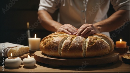 person slicing bread in the kitchen
