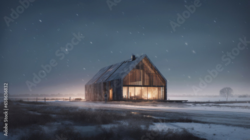 Winter Solitude: A Lit Barn in a Snowy Field at Night © Moon