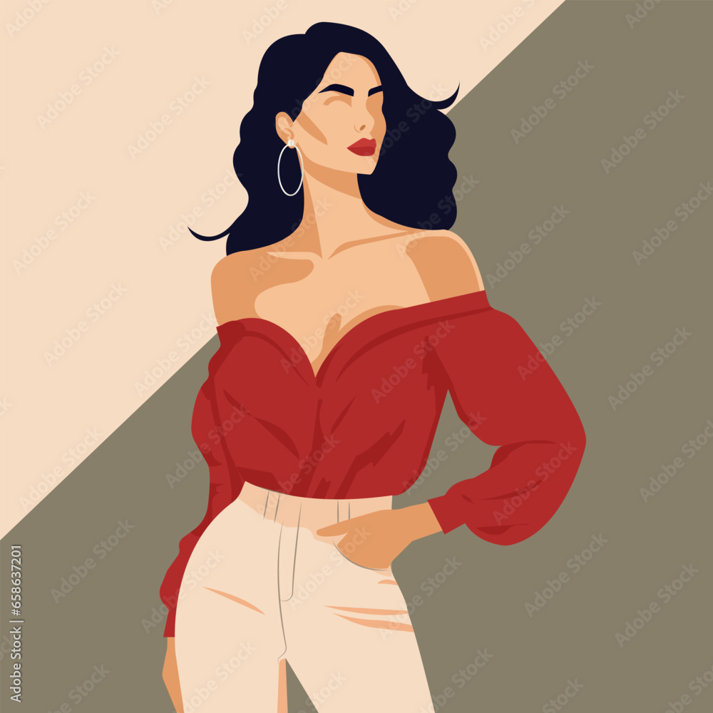 Vector flat fashion illustration, a young dark-haired woman with a beautiful figure posing in a stylish red blouse with bare shoulders and light pink pants.