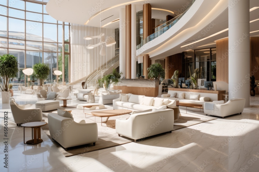 Step into the world of luxury and modern comfort as you enter the hotel lobby. With its elegant design, marble floors, and stylish furnishings, it's a welcoming space for relaxation and business.