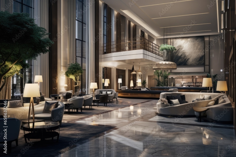 Step into the world of luxury and modern comfort as you enter the hotel lobby. With its elegant design, marble floors, and stylish furnishings, it's a welcoming space for relaxation and business.