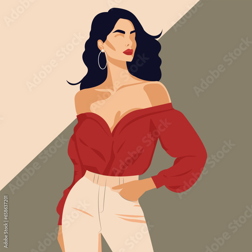 Obraz na płótnie Vector flat fashion illustration, a young dark-haired woman with a beautiful figure posing in a stylish red blouse with bare shoulders and light pink pants.
w salonie