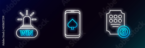 Set line Online slot machine, Casino win and poker table game icon. Glowing neon. Vector