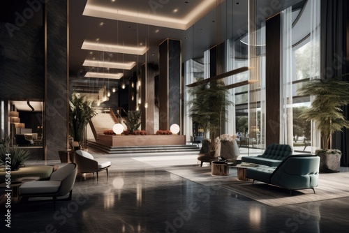 Step into the world of luxury and modern comfort as you enter the hotel lobby. With its elegant design, marble floors, and stylish furnishings, it's a welcoming space for relaxation and business. © AiAgency