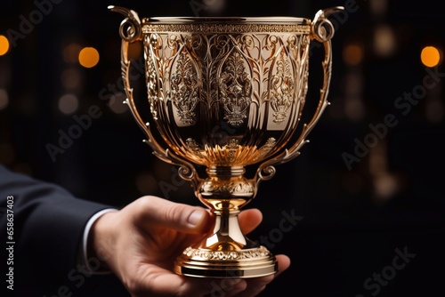 Golden Moment Hand Adorned with Gold Cup Trophy Masterpiece Shaped by Generative AI