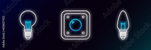 Set line Light bulb, with concept of idea and Electric light switch icon. Glowing neon. Vector