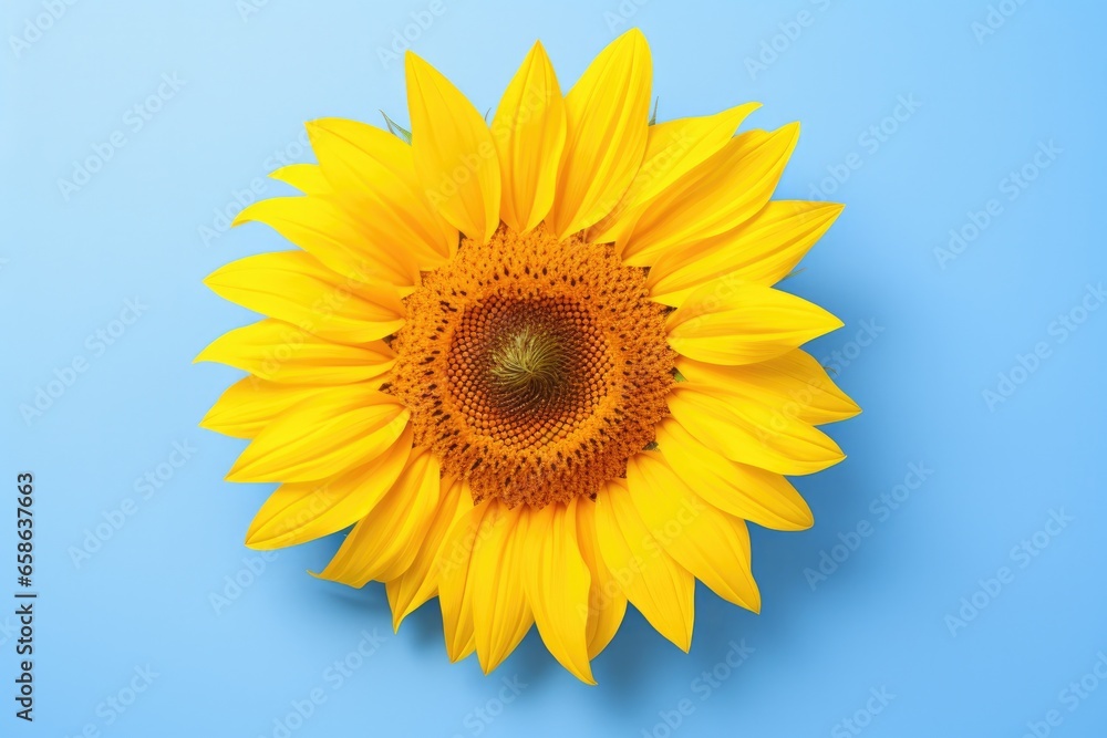 One Sunflower flower isolated on blue background, top view. Floral flowers pattern. One Sunflower flower isolated on blue background, top view. Floral flowers pattern.