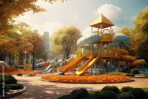Discover the joy of childhood at this colorful playground in the park. With various equipment and recreational options, it's a perfect place for kids to play and have fun outdoors