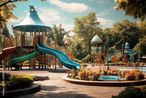 Discover the joy of childhood at this colorful playground in the park. With various equipment and recreational options, it's a perfect place for kids to play and have fun outdoors