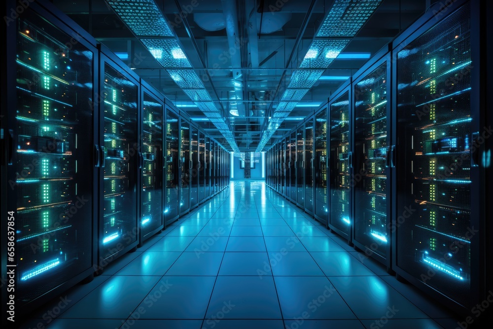 Fototapeta premium Explore the heart of digital infrastructure in a high-tech datacenter. This modern facility houses servers, networking equipment, and storage systems, ensuring seamless connectivity and data security.