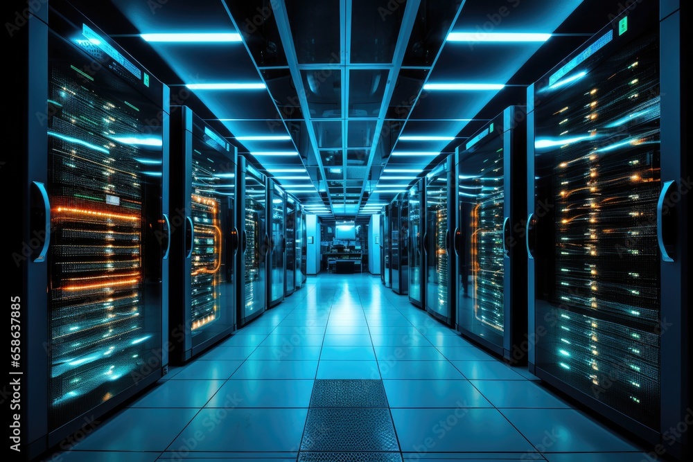 Fototapeta premium Explore the heart of digital infrastructure in a high-tech datacenter. This modern facility houses servers, networking equipment, and storage systems, ensuring seamless connectivity and data security.