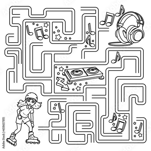 Puzzle for children. Labyrinth. You need to find the girl's path to the headphones. Coloring book for children