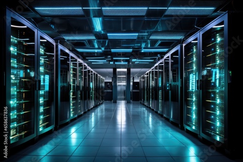 Explore the heart of digital infrastructure in a high-tech datacenter. This modern facility houses servers, networking equipment, and storage systems, ensuring seamless connectivity and data security. © AiAgency