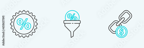 Set line Chain link and coin, Discount percent tag and Lead management icon. Vector