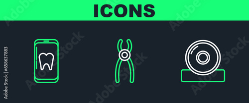 Set line Otolaryngological head reflector, Online dental care and Dental pliers icon. Vector