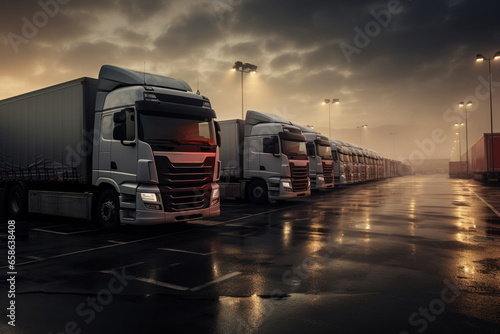 An impressive convoy of white cargo trucks, symbols of efficient logistics and transportation, travel along the highway under a summer sunset sky, showcasing the backbone of modern commerce